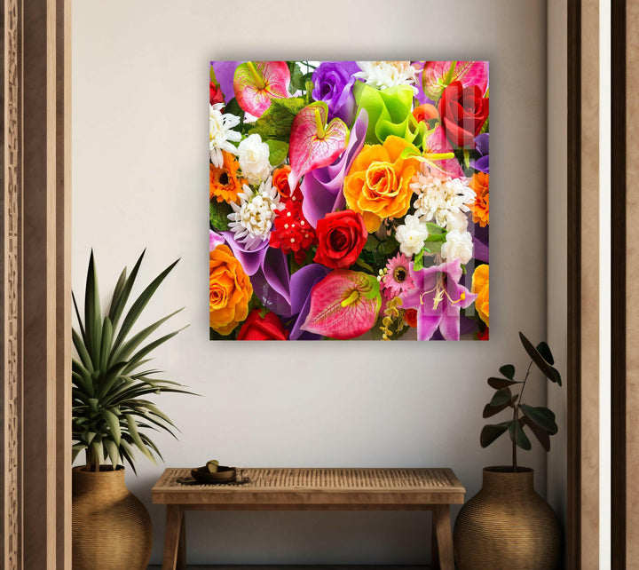 Mixed Flower Varieties Glass Wall Art, glass pictures for Wall, glass prints wall art