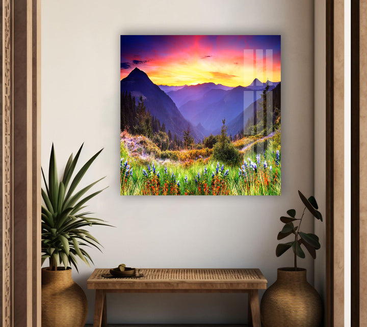 Lush Greenery and Fiery Sky – A Stunning Glass Landscape Print
