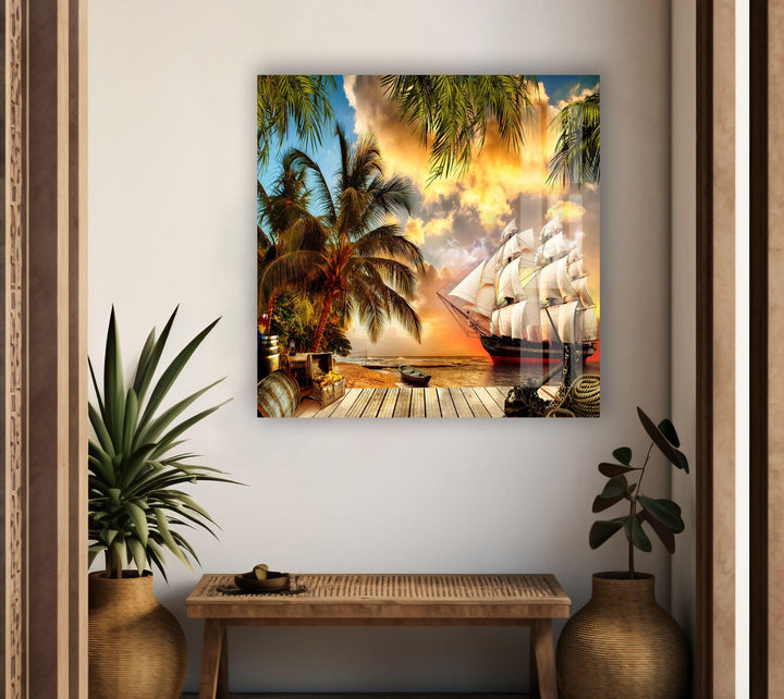 A stunning sunset over a tropical bay with a pirate ship and lush palm trees.
