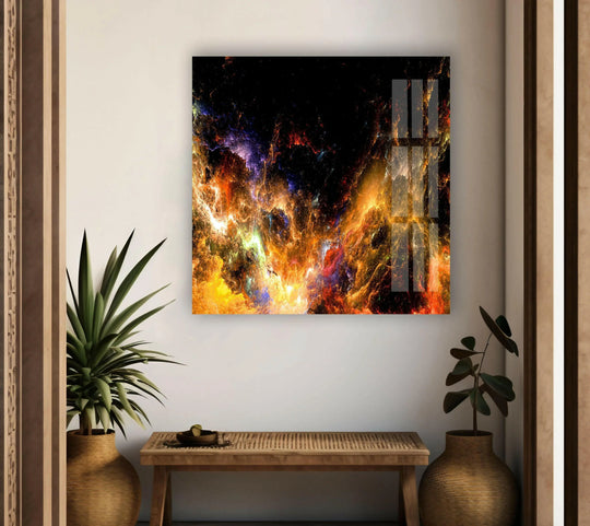 The moody, dark lighting fractal glass art evokes a vibrant cosmic explosion of fiery colors and electric blues.