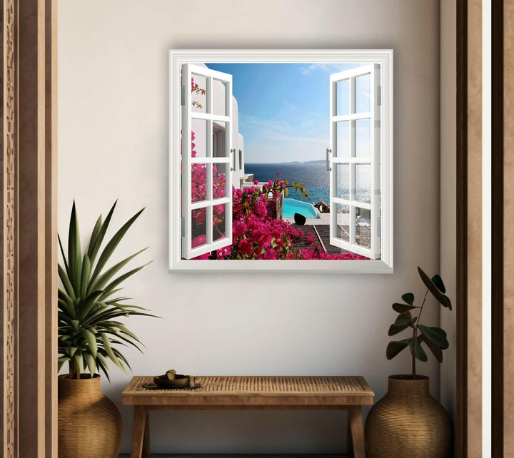 Nature art prints highlighting the vibrant pink flowers and blue sea of Santorini.
