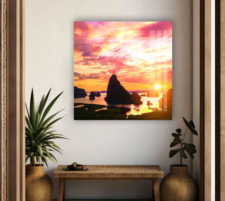 Peaceful Ocean Waters and Limestone Silhouettes – A Relaxing Glass Wall Decor
