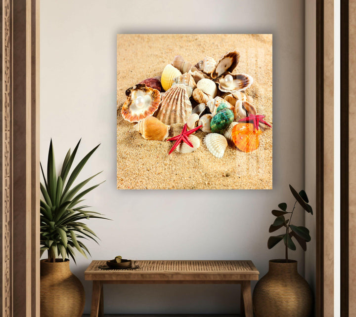 A beach-inspired composition featuring an assortment of seashells, starfish, and pearls.
