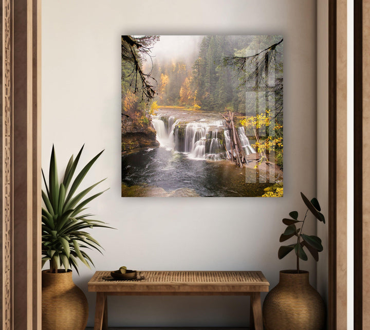 Autumn Leaves and Rushing Waterfall – A Nature-Inspired Glass Print
