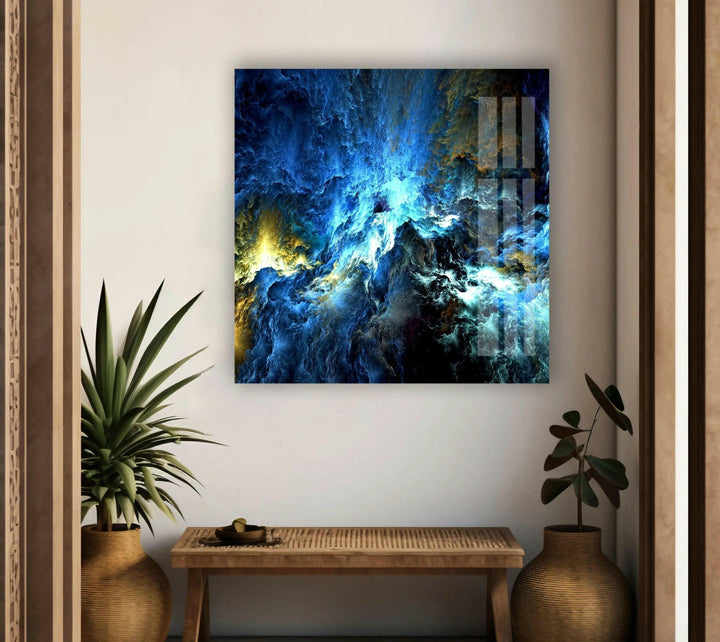 Stunning Cosmic Storm Abstract Wall Art featuring unique abstract glass design in vibrant blue hues for modern decor.