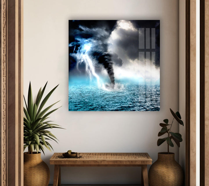 Majestic Power of Nature: Tornado and Ocean Storm on Glass Wall Art
