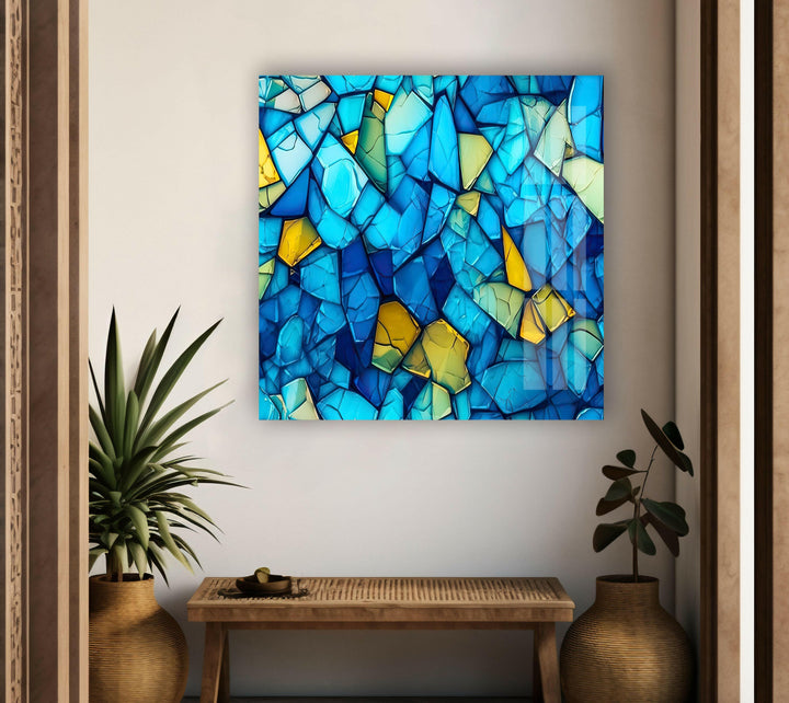 Mosaic Blue & Yellow Glass Wall Art print on glass, glass printed photos