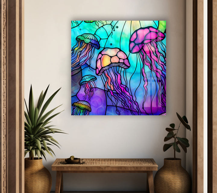Colored Jellyfish Glass Wall Art custom glass pictures, glass art prints