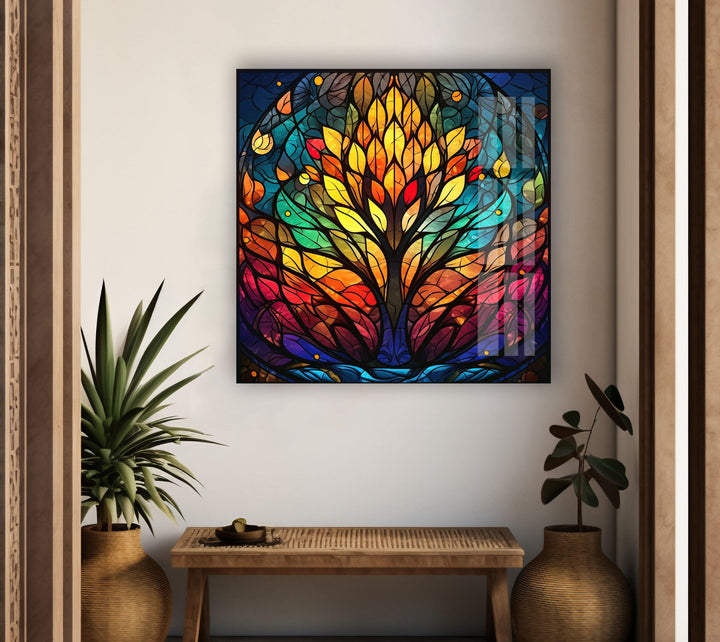 Stained Yellow Tree Glass Wall Art glass art painting, glass art for the Wall