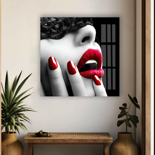 Cool art red lips woman with mask glass wall art highlights mystique allure and contemporary interiors