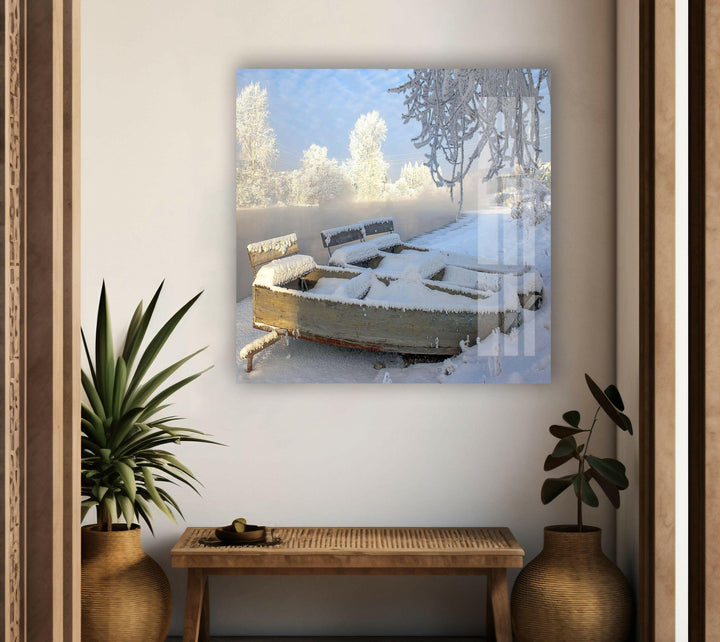 Luxury glass artwork displaying a frozen landscape bathed in soft winter sunlight.
