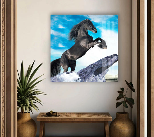 Animal glass wall art prancing horse subject and blue sky background and horse wall art with elegant decor