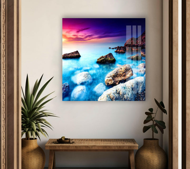 Serene Ocean View with Rocky Shoreline – A Nature-Inspired Glass Decor
