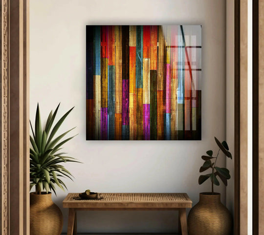 The softest element in this abstract glass art painting is the gentle diffusion of light across the rustic, colorful wood panels.
