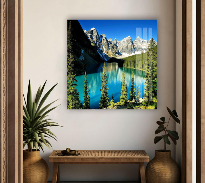 Refreshing Lake and Evergreen Forest – A Breathtaking Nature-Inspired Glass Print
