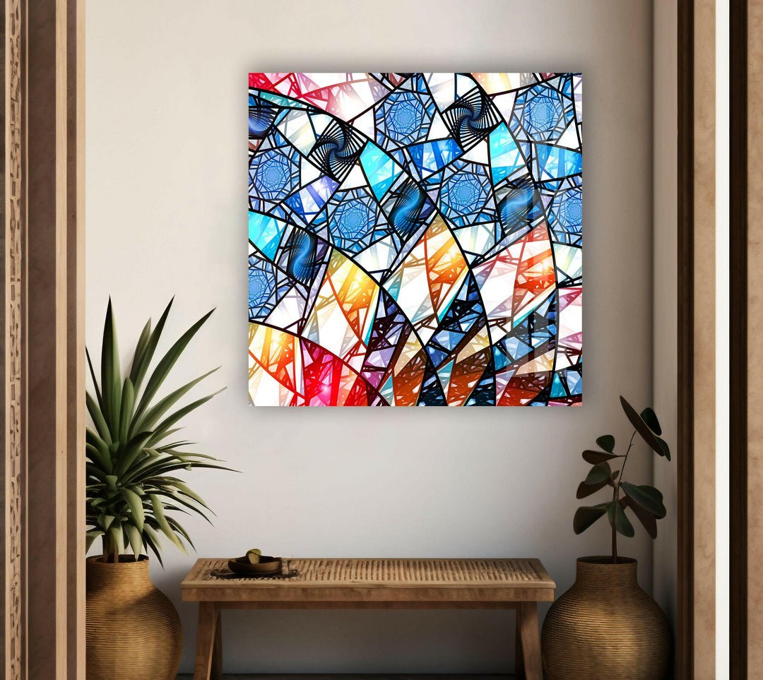 Blue & White Geometric Glass Wall Art stained glass wall art, stained glass wall decor