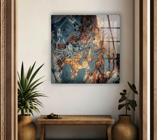 The abstract glass print wall art swirls with dynamic currents of navy and gold, mimicking a powerful, fluid motion.