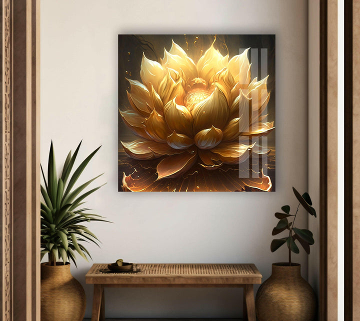 Golden Flower Black Background Glass Wall Art, photo print on glass, prints on glass wall art