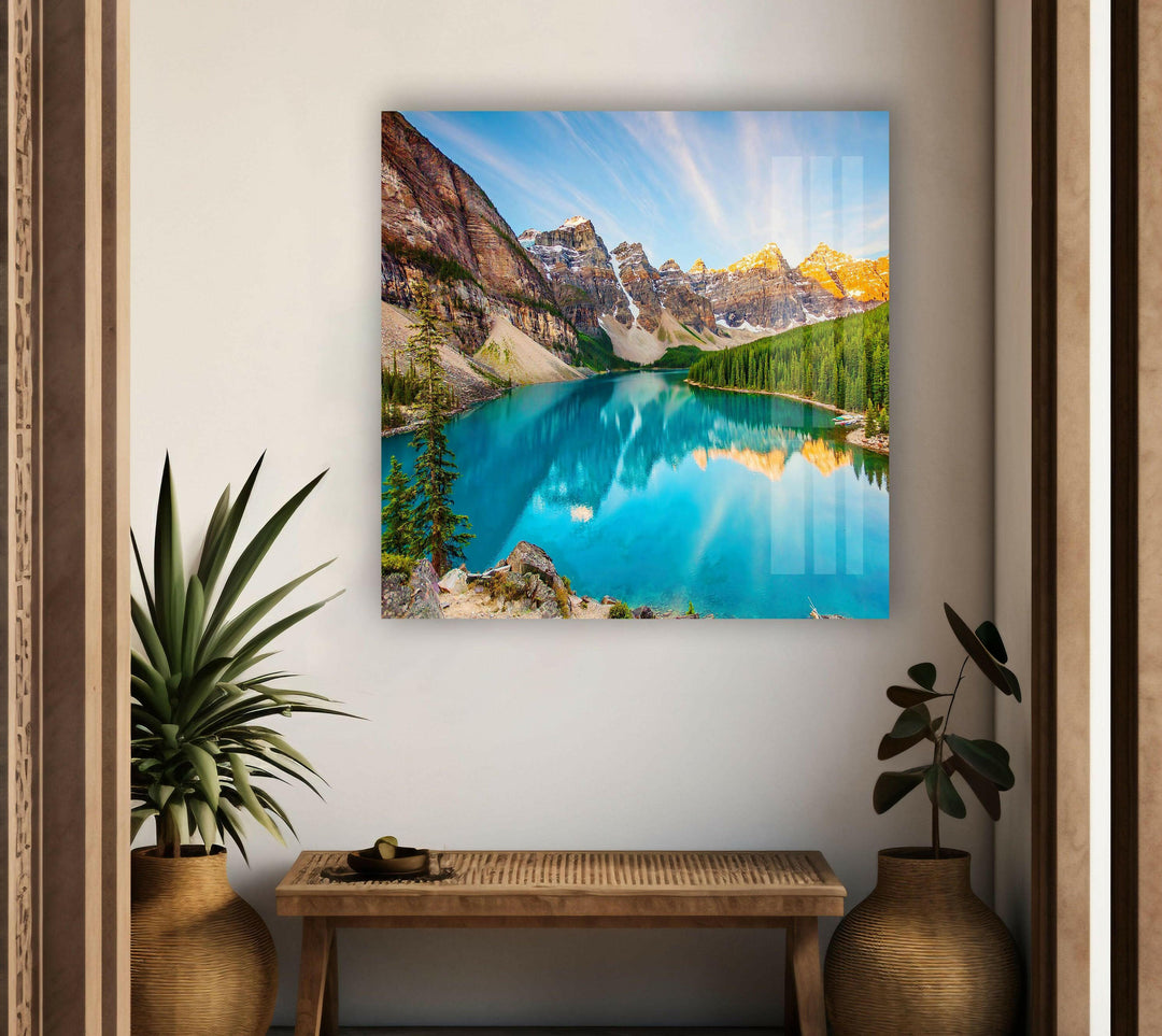 Nature paintings for sale highlighting the crystal-clear lake and towering snow-capped mountains.
