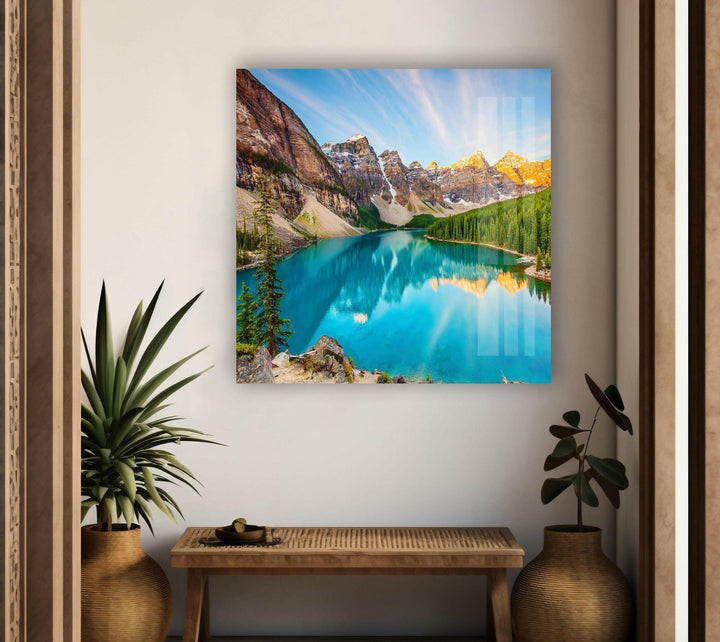 Nature paintings for sale highlighting the crystal-clear lake and towering snow-capped mountains.
