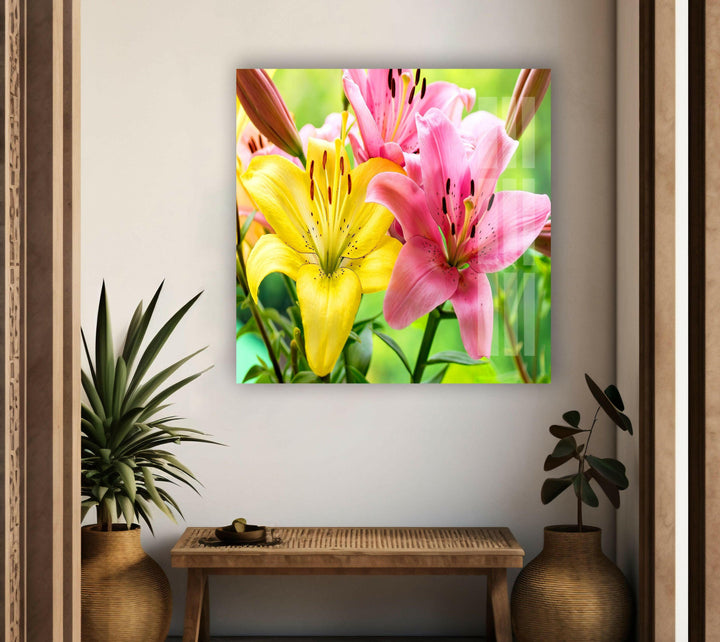 Yellow-Pink Lily Flower Glass Wall Art, glass photo prints, glass picture prints