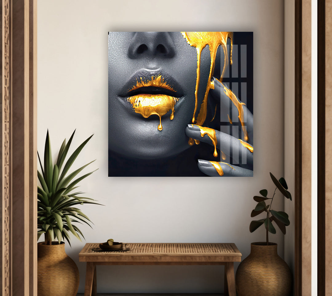 Black Woman with Yellow Lips Glass Wall Art