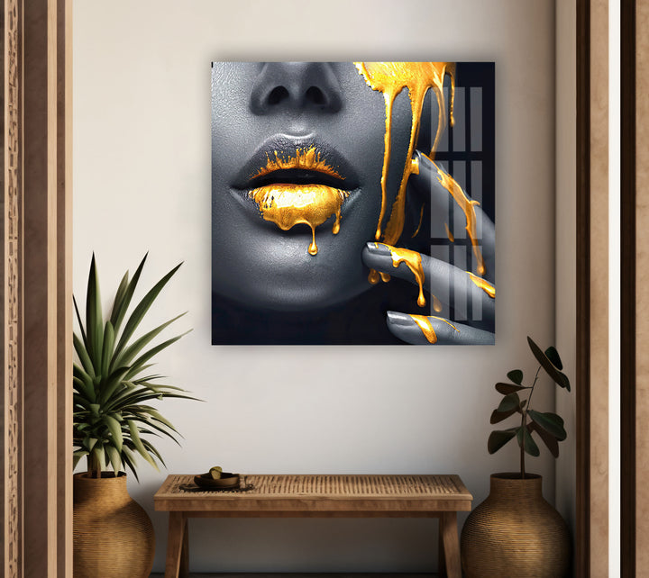 Black Woman with Yellow Lips Glass Wall Art