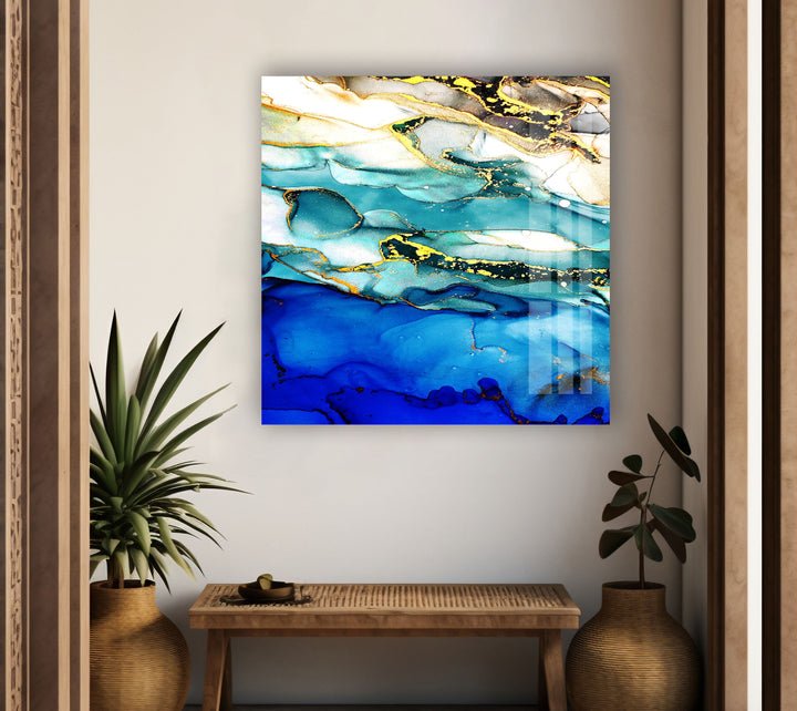Blue and Gold Alcohol Ink Abstract Glass Wall Art glass art painting, glass art for the Wall
