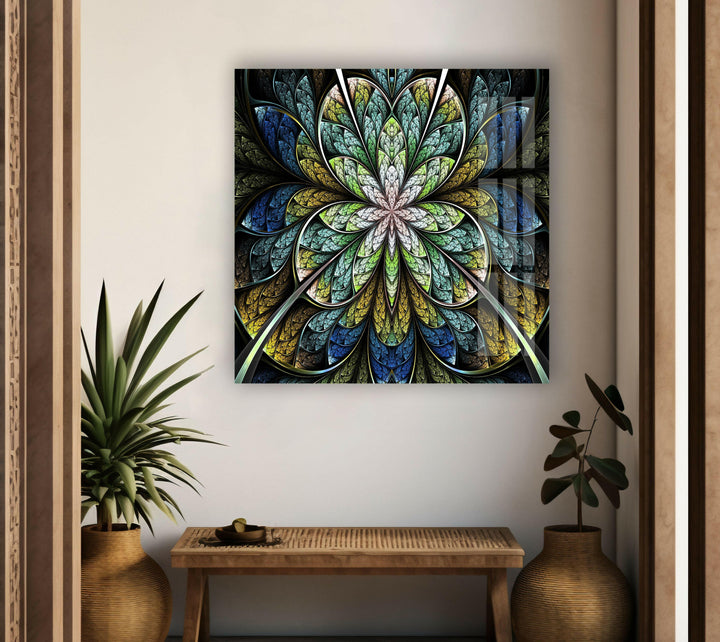 Blue Fractal Flower Glass Wall Art, picture on glass wall art, photos printed on glass