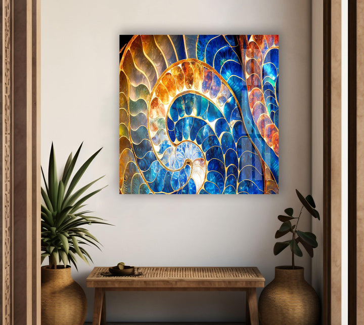 Blue & Orange Shell Glass Wall Art glass pictures for Wall, glass prints wall art