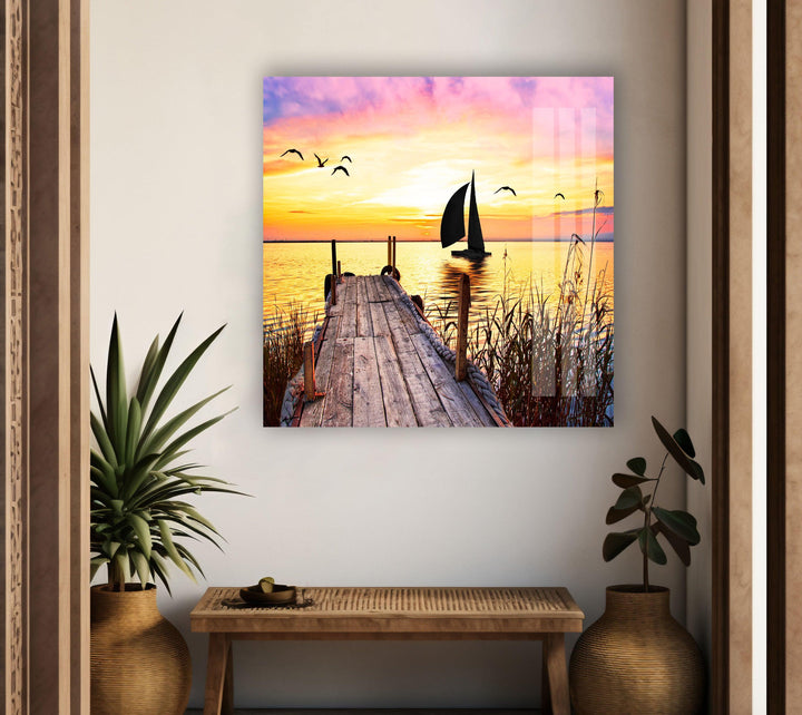 Ocean Horizon with Sailboat and Birds – A Nature-Inspired Glass Print
