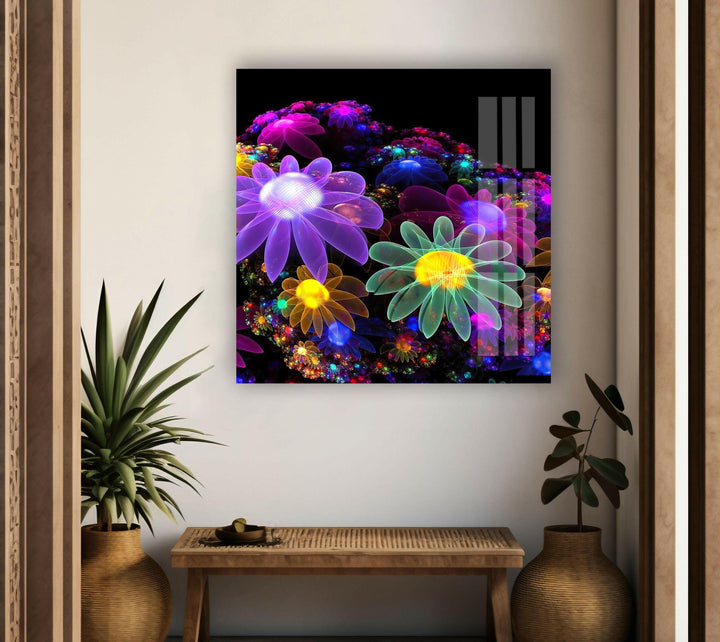 Neon Flowers Glass Wall Art, art glass wall art, glass wall art pictures