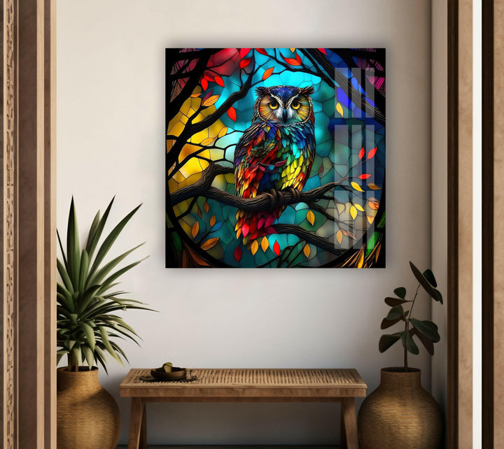 Brightly Coloured Owl Glass Wall Art print picture on glass, Tempered Glass Wall Art