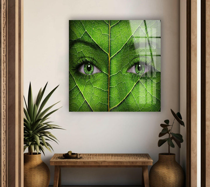 Woman Face with Green Leaf Texture Impressive Large Glass Photo Prints