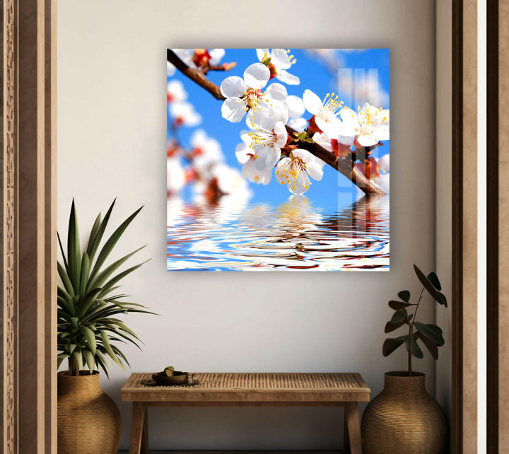 Cherry Tree Branch In Bloom Glass Wall Art, photo print on glass, prints on glass wall art
