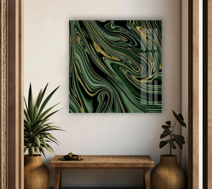 Abstrakte Glaswandkunst aus goldenem, schwarzem und grünem Marmor