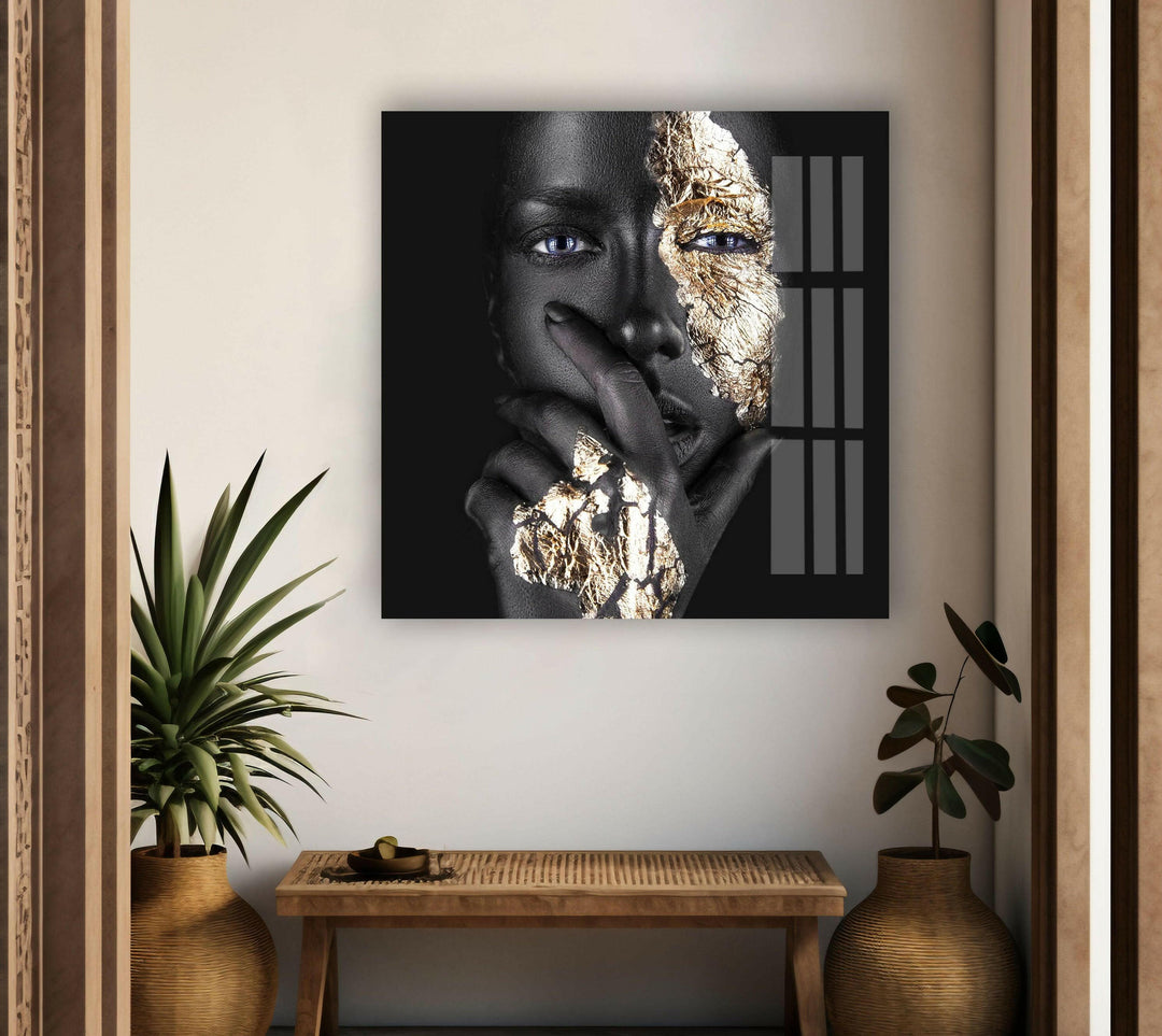 Woman Portrait with Gold Modern Glass Wall Art & Cool Prints