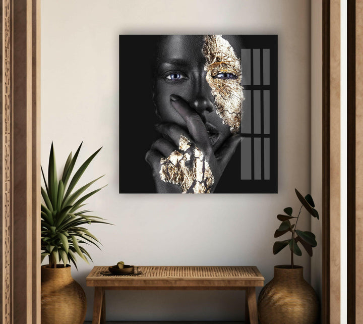 Woman Portrait with Gold Modern Glass Wall Art & Cool Prints