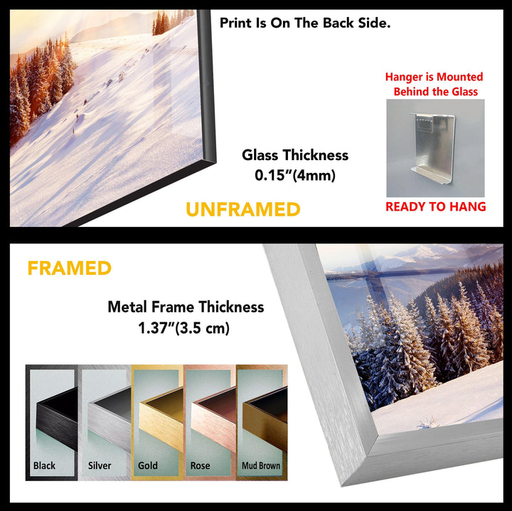 Snowy Mountain Sunset: A Stunning Winter Wonderland on Glass Wall Art