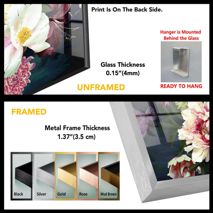Dark Floral Botanical Luxury Glass Wall Art, photo print on glass, prints on glass wall art
