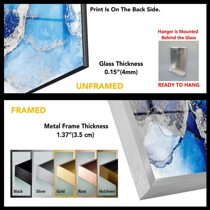 Abstrakte Glaswandkunst in Blau und Silber
