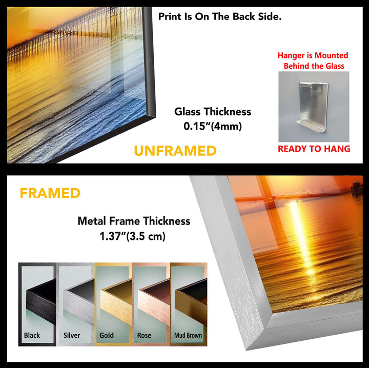 Golden Sunset by the Pier: A Breathtaking Coastal View on Glass Wall Art