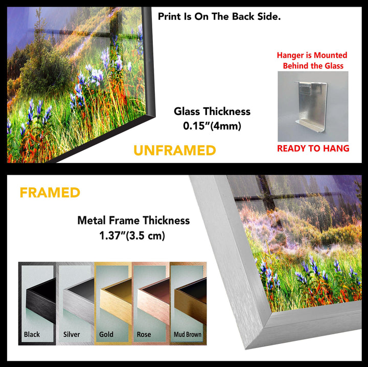 Mountain Sunset Meadow: Eine atemberaubende Landschaft auf Glaswandkunst