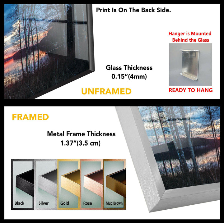Twilight Forest Reflection: A Serene Sunset Scene on Glass Wall Art