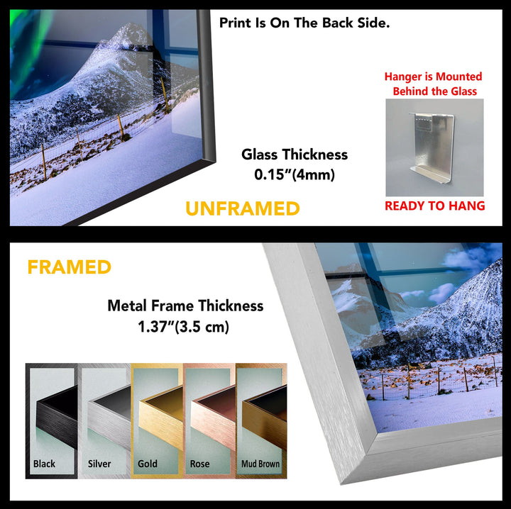 Northern Lights Over Snowy Peaks: A Stunning Landscape Art Print on Glass Wall Art