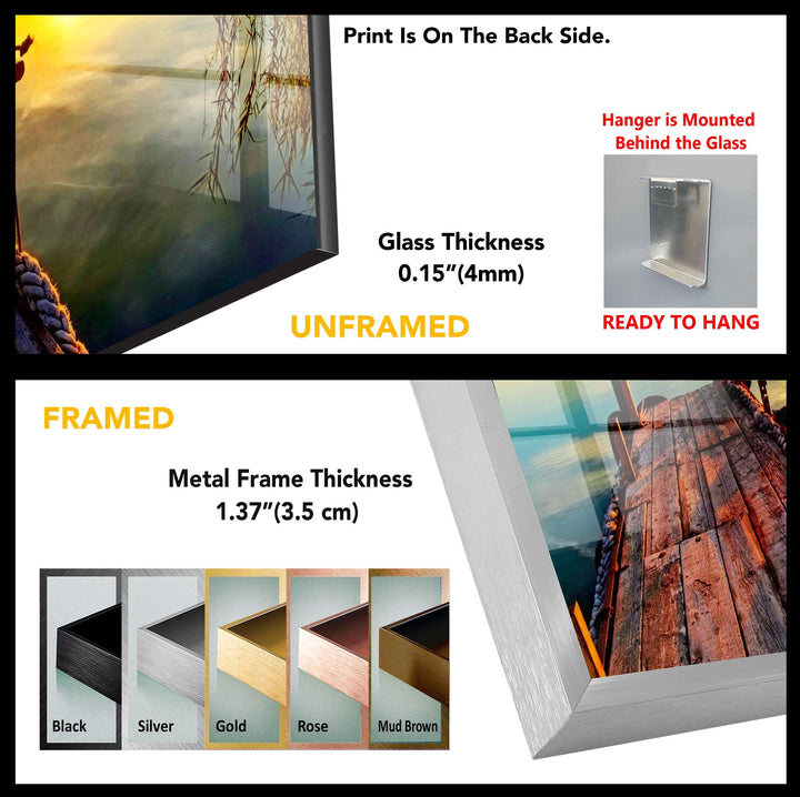 Golden Sunrise Over the Dock: A Peaceful Morning on Glass Wall Art