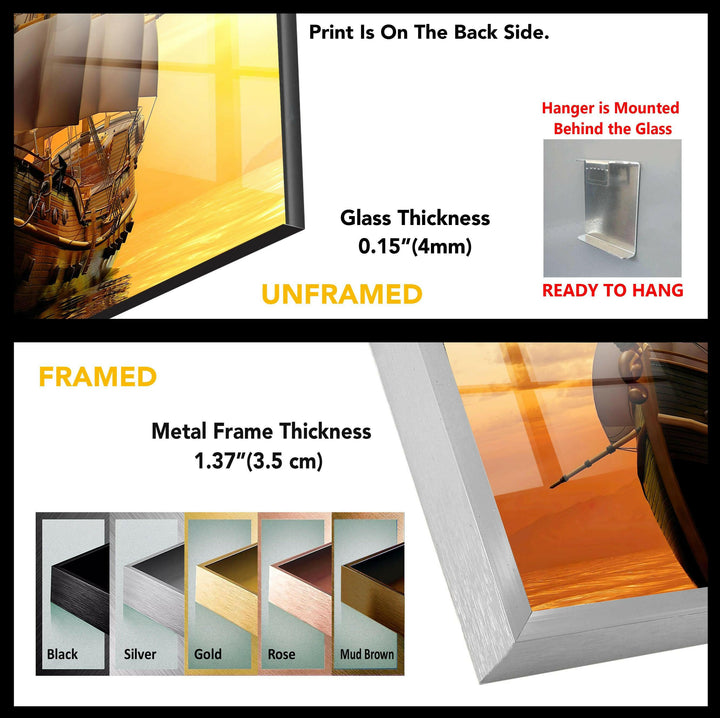 Golden Sunset Sailing Ship – Nautical Glass Wall Art
