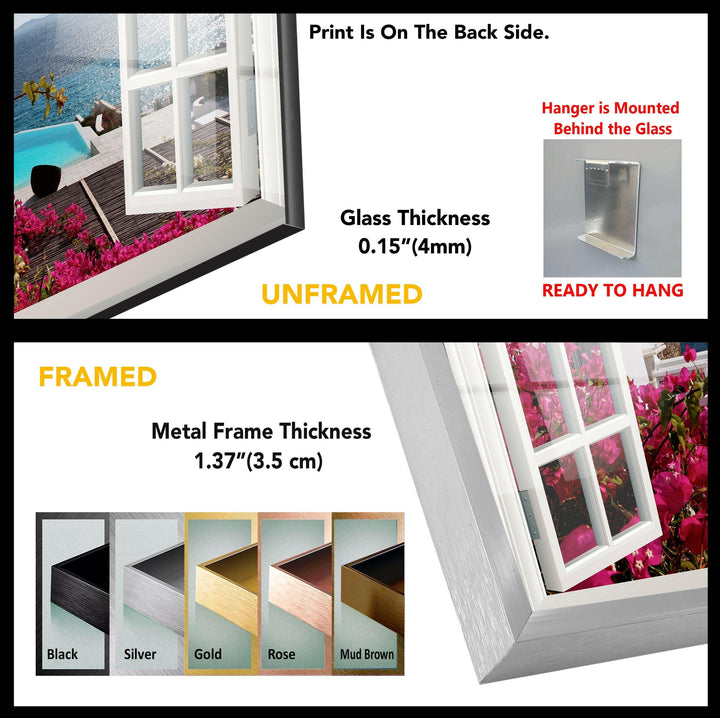Santorini Window View – Ein atemberaubender Zufluchtsort am Meer auf Glaswandkunst