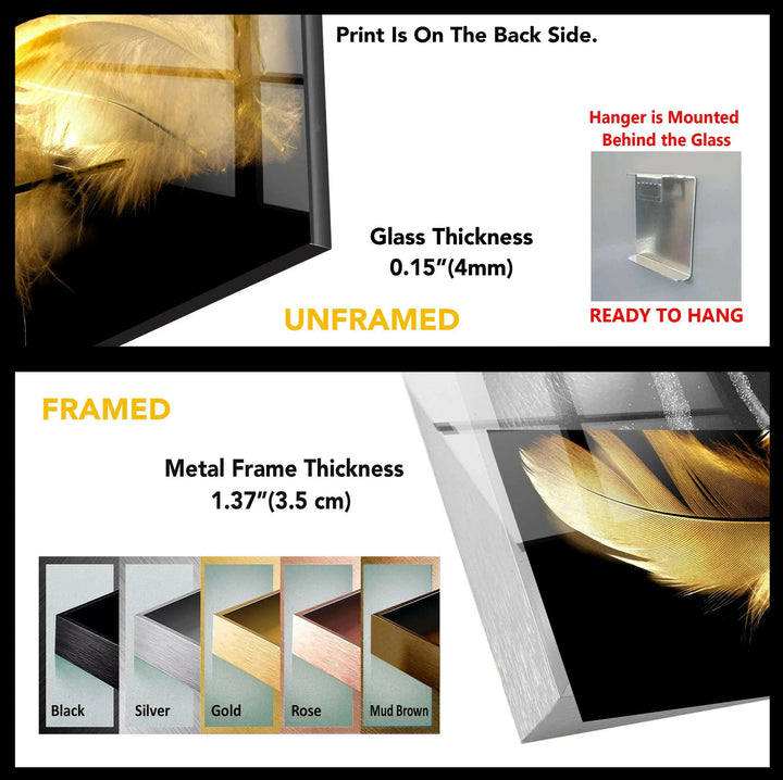 Gold Feathers with Black background Glass Wall Art ready to hang