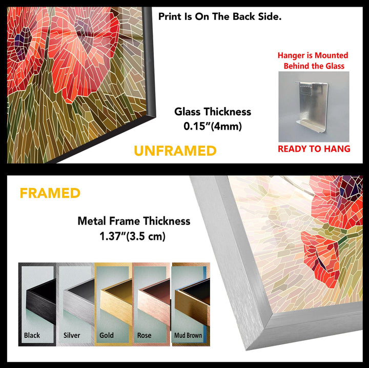 Stained Glass Red Poppies Glass Wall Art, glass pictures for Wall, glass prints wall art
